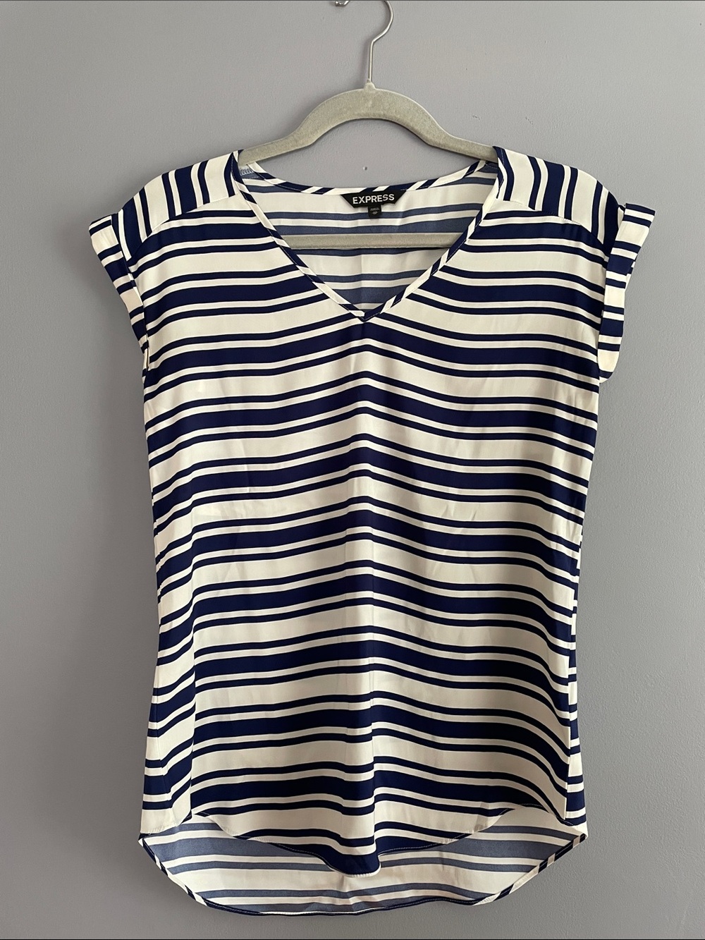 Express Navy & White Striped V-Neck Cap Sleeve Top